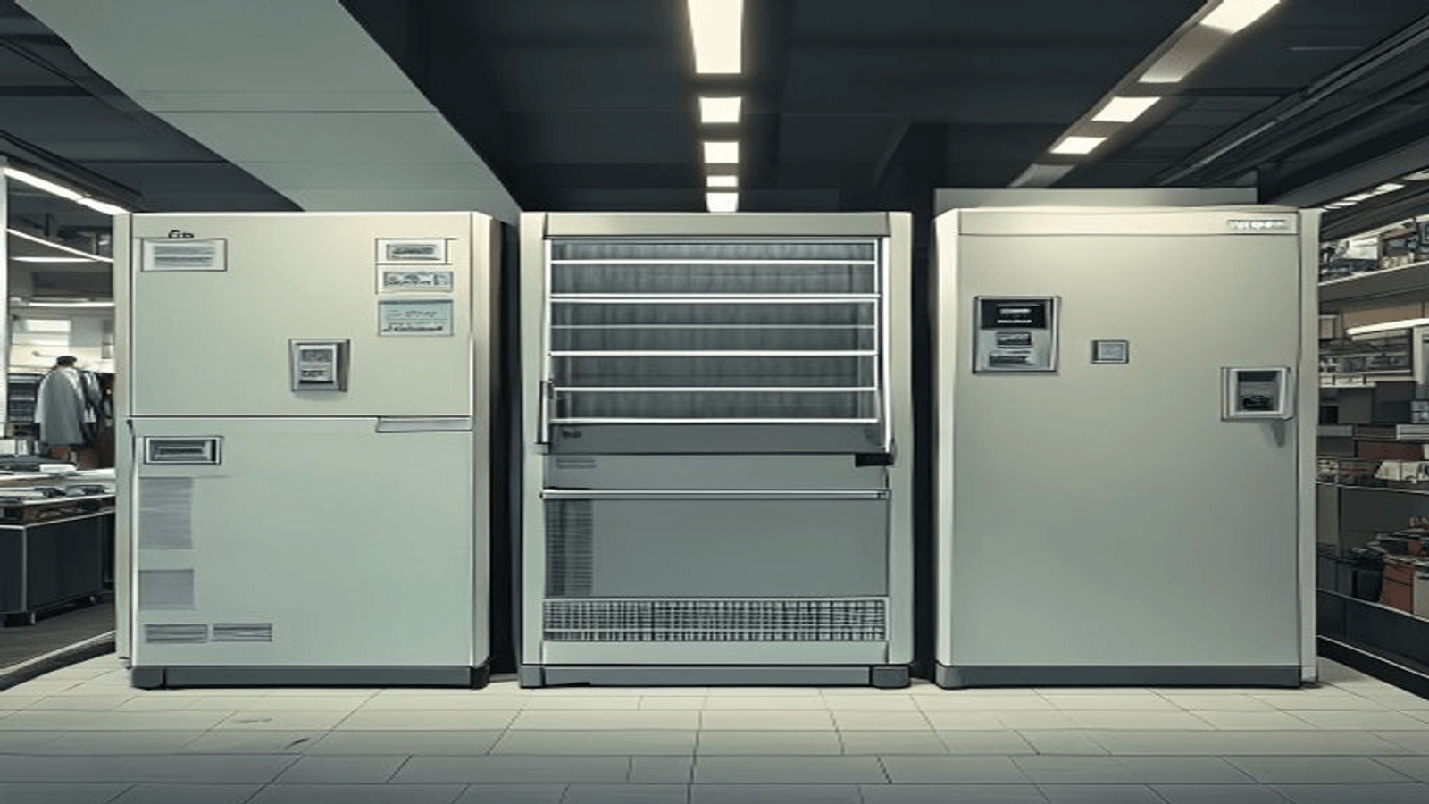 Three freezer types side by side — chest, upright and display freezer cabinets in showroom