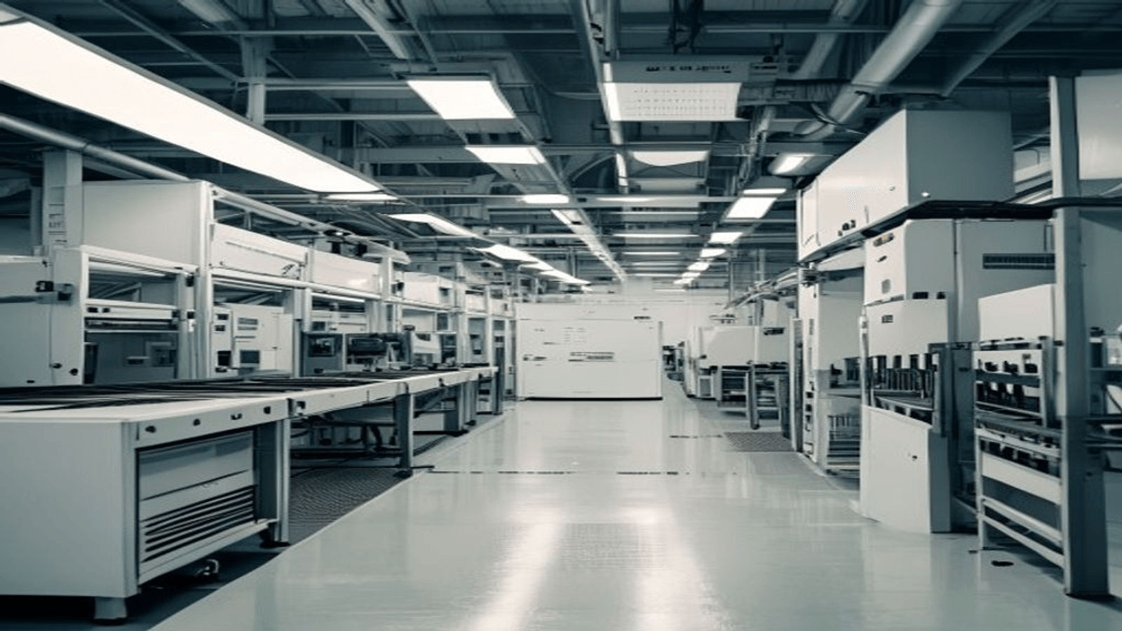 Refrigerator production line equipment stack — 5 station sequence visible (vacuum-form, assembly, foaming, cure, finish)