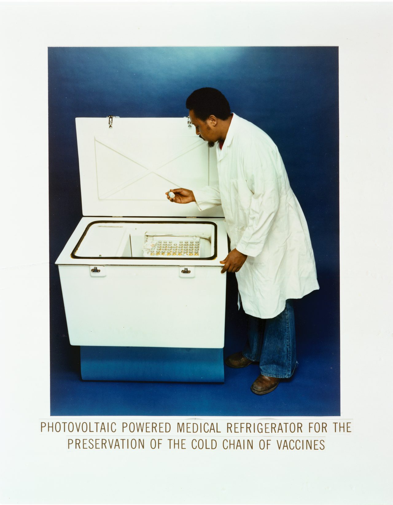 Top-opening chest freezer with solid PU-foam-insulated lid (lifted open) — wide-format opaque lid panel application