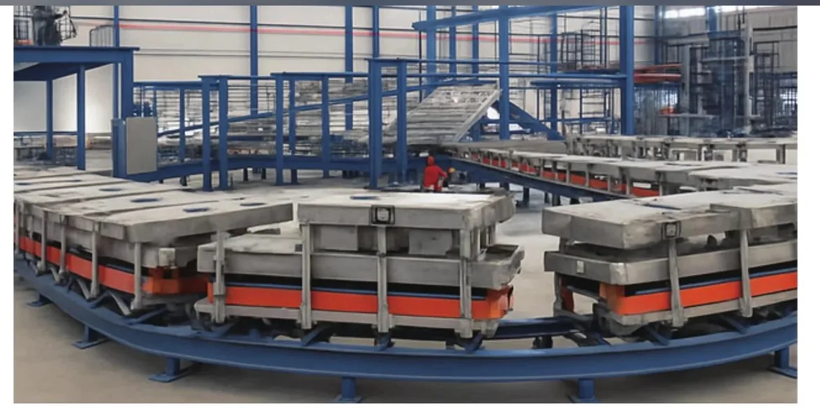 Installed 26-station closed-loop ground-rail PU foaming line — carrier fixtures circulating on a continuous steel rail around the central foaming room
