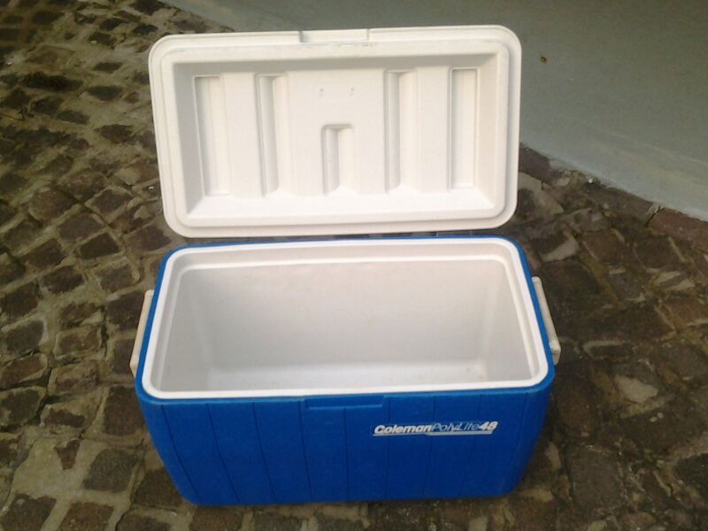 Blue HDPE-shell PU-foam-cored insulated transport box (Coleman PolyLite type) — seafood and frozen-food export container