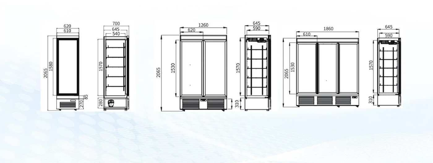 Engineering drawing — front / side / end views with dimension callouts for UMD-DC-1900 cabinet series
